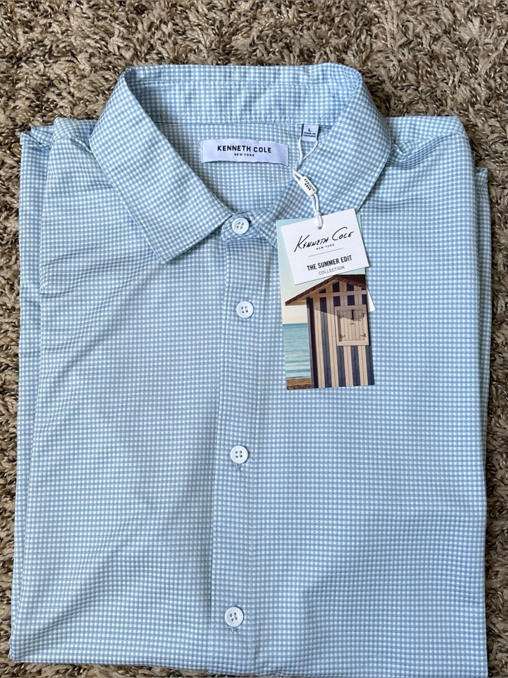 Kenneth Cole Light Blue Mini Gingham Golf Button Down Shirt